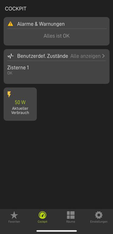 App interface with alerts and energy use information, dark theme with green accents. Bottom navigation menu visible.