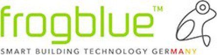 Logotipo de frogblue, texto verde y contorno de rana, debajo el texto