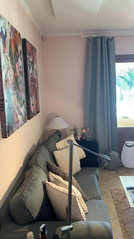 Gray sofa with pillows, art, pink walls, and a window with gray curtains.