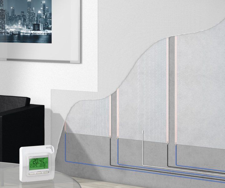 Sección transversal de una pared que muestra el sistema de calefacción empotrado y el termostato en el suelo.