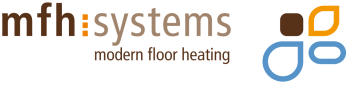 Logotipo para mfh:systems, calefacción por suelo radiante moderno, con detalles en marrón y dorado y un diseño estilizado de gotas de agua.