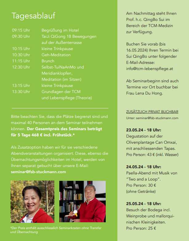 Grüne Broschüre mit Tagesprogramm und Werbeinformationen für ein TCM-Seminar.