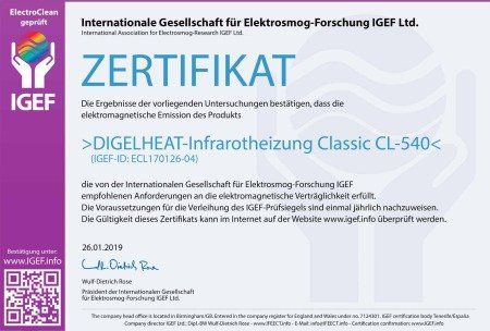 Certificado del IGEF para el sistema de calefacción por infrarrojos DIGELHEAT Classic CL-540. Es un documento con texto y el logotipo del IGEF.