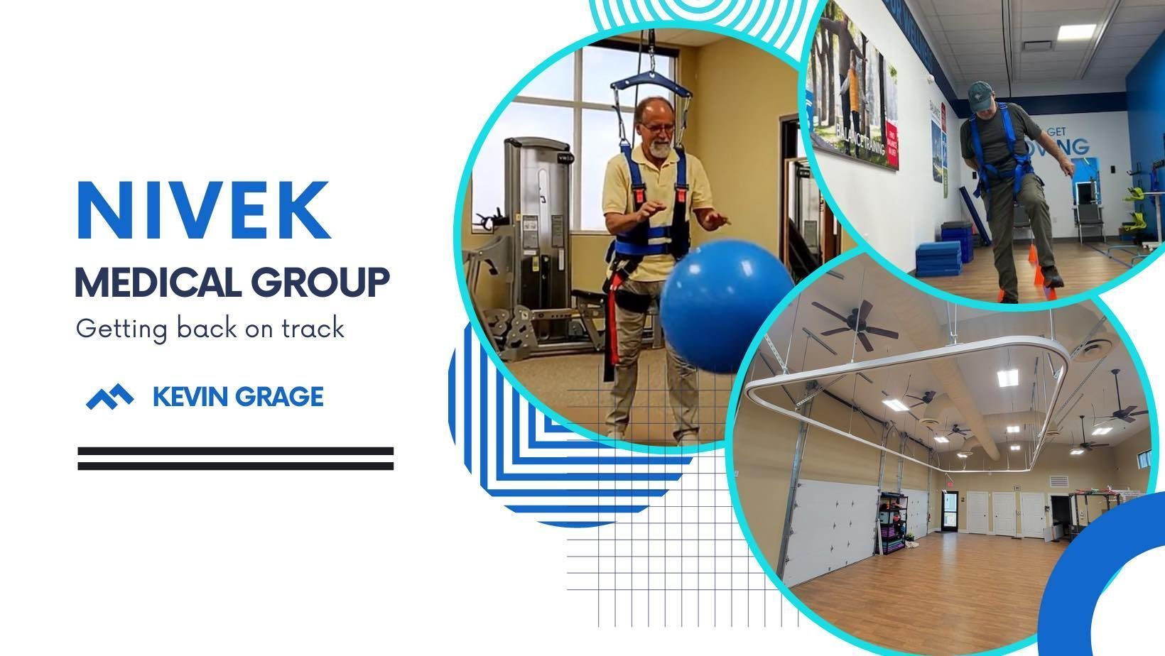 A man is doing exercises in a gym with a blue ball.
