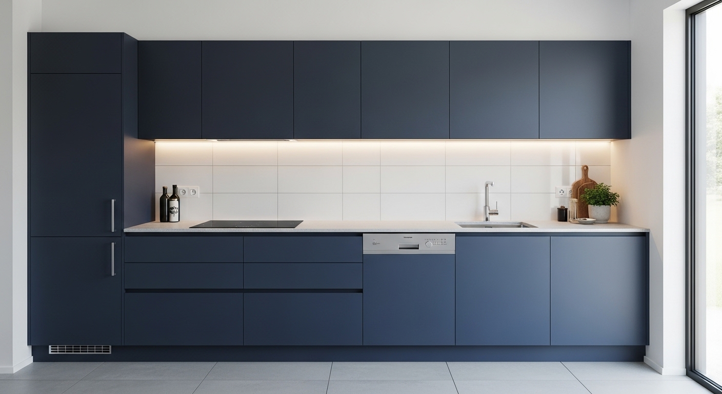 Modern navy-blue minimalist kitchen with long white countertop, sink, and under-cabinet lighting