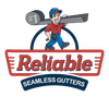 Logo of a smiling worker with gutter material labeled "#1 Reliable Seamless Gutters" in red and blue.