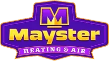 A purple and gold logo for mayster heating and air.