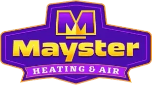 A purple logo for mayster heating and air