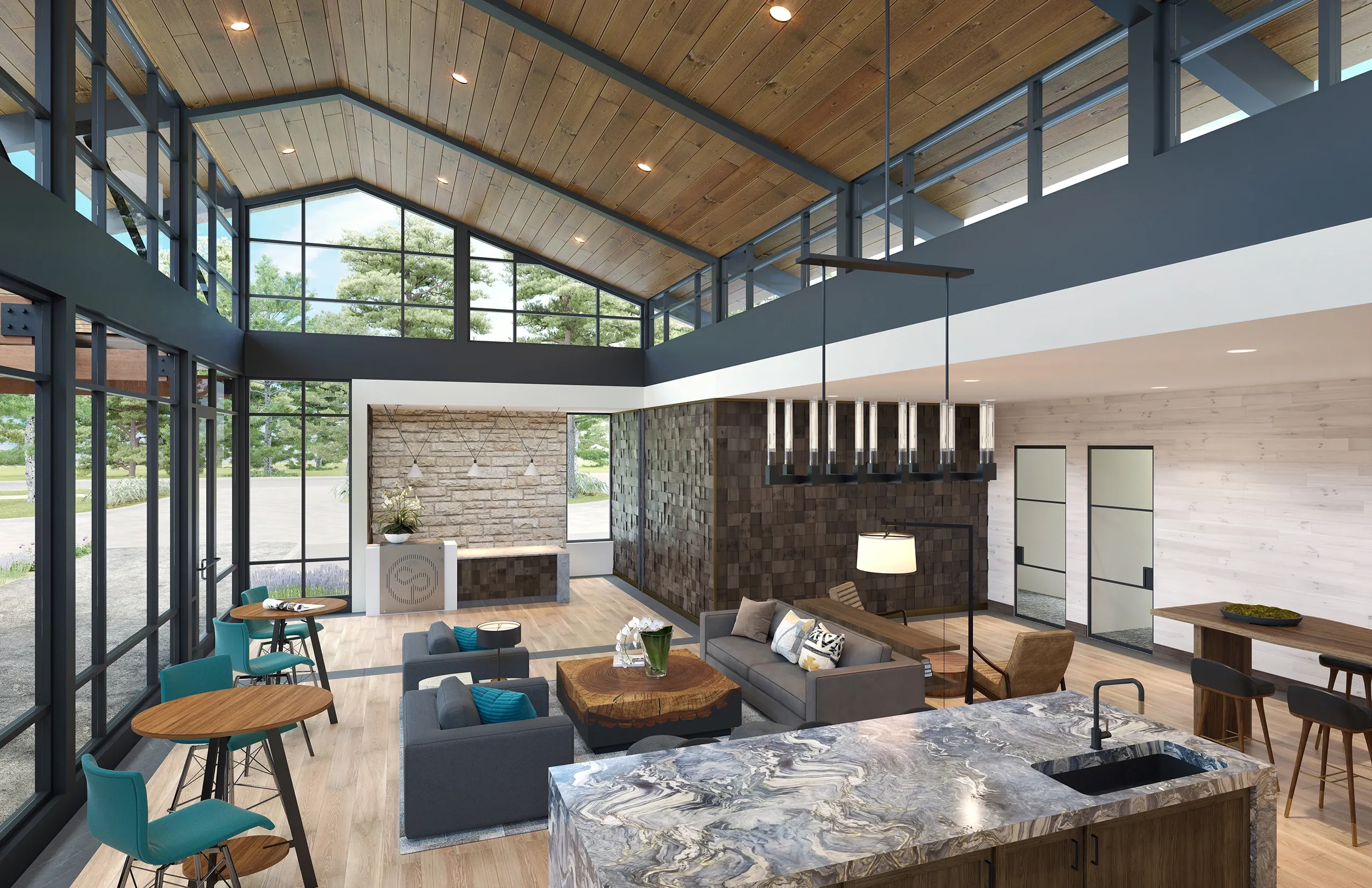 Modern lobby with seating areas, a reception desk, and a prominent fireplace.