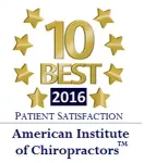 Gold “10 Best 2016 Patient Satisfaction” award for American Institute of Chiropractors with stars around it