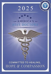 2025 America’s Best Doctors award graphic with caduceus on a blue background and “Committed to healing, hope & compassion”