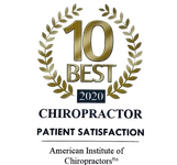 10 Best 2020 Chiropractor Patient Satisfaction award badge with laurel wreath and American Institute of Chiropractors logo