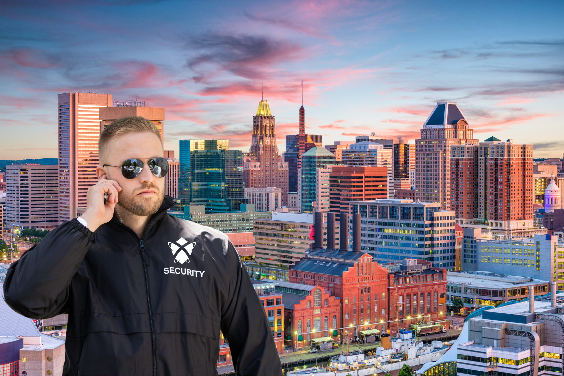 a security guard wearing sunglasses is standing in front of Baltimore City, Maryland