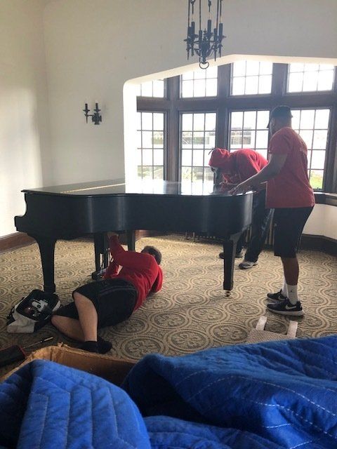 Three movers in red shirts move a black grand piano in a room with large windows. One is lying on the floor.