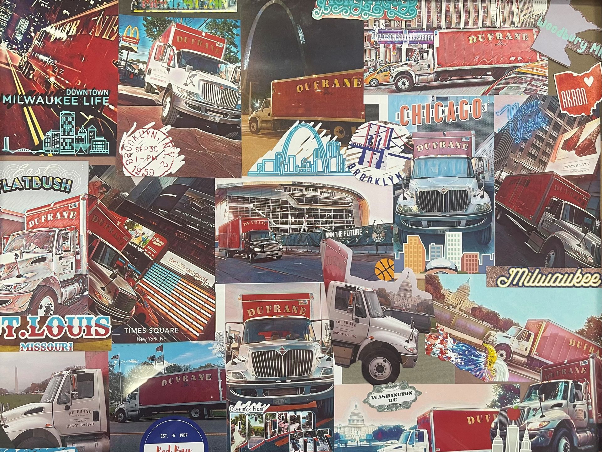 Collage of semi-trucks with city names like Chicago and St. Louis. Varied colors and perspectives.