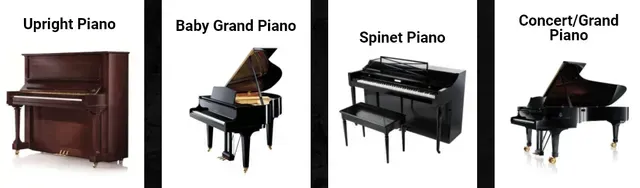 Four types of pianos: upright, baby grand, spinet, and concert/grand, all black or brown.