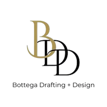 Logo: "BDD" initials, gold "B" overlaid on black "DD"; "Bottega Drafting + Design" below.