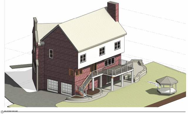 Isometric view of a two-story brick house with a deck, driveway, and gazebo in a yard.
