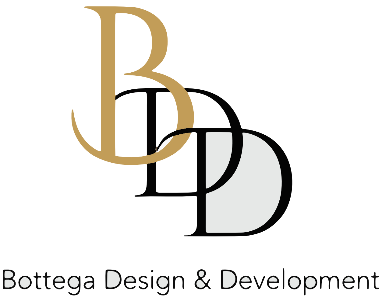 Logo: "BDD" initials, gold "B" overlaid on black "DD"; "Bottega Drafting + Design" below.