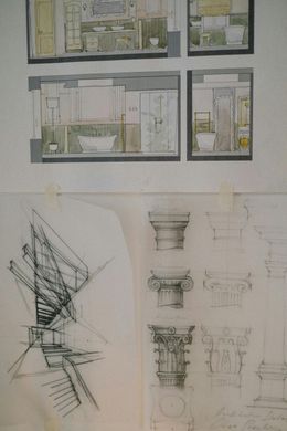 Architectural drawings: bathroom cross-sections, staircase design, column studies. Pencil sketches and watercolor renderings.