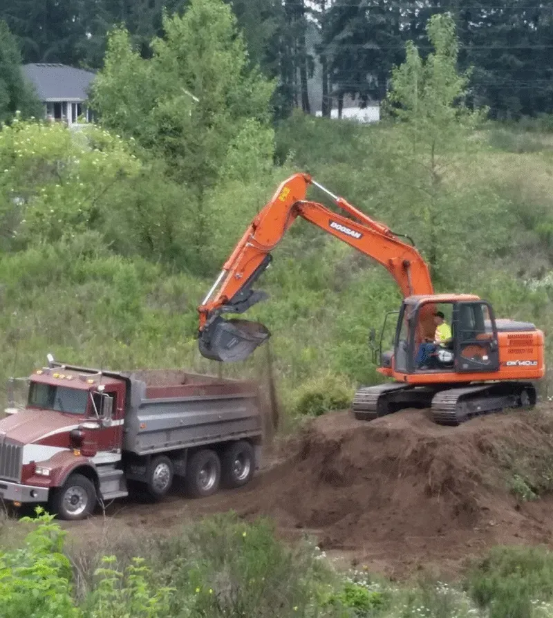 Excavator loading dirt into a dump truck on a hillside.