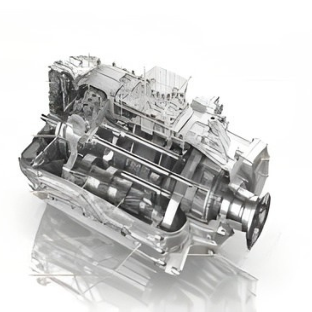 Transparent internal view of a ZF TraXon gearbox highlighting shafts, gears and selector mechanisms.
