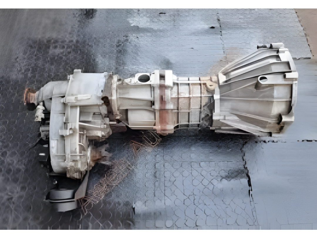 Used Mahindra Scorpio gearbox displayed on a rubber workshop mat with the full transmission assembly visible.