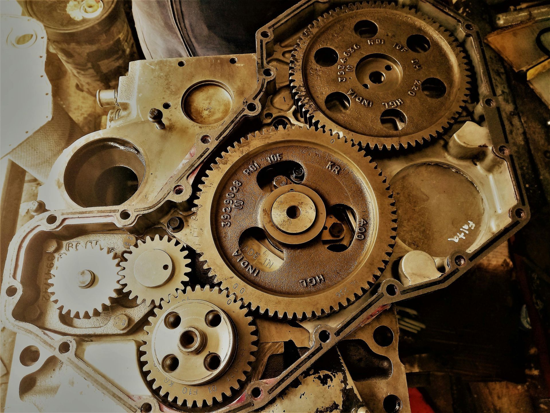 Close-up of gearbox gears and internal transmission components used for vehicle repair and maintenance.