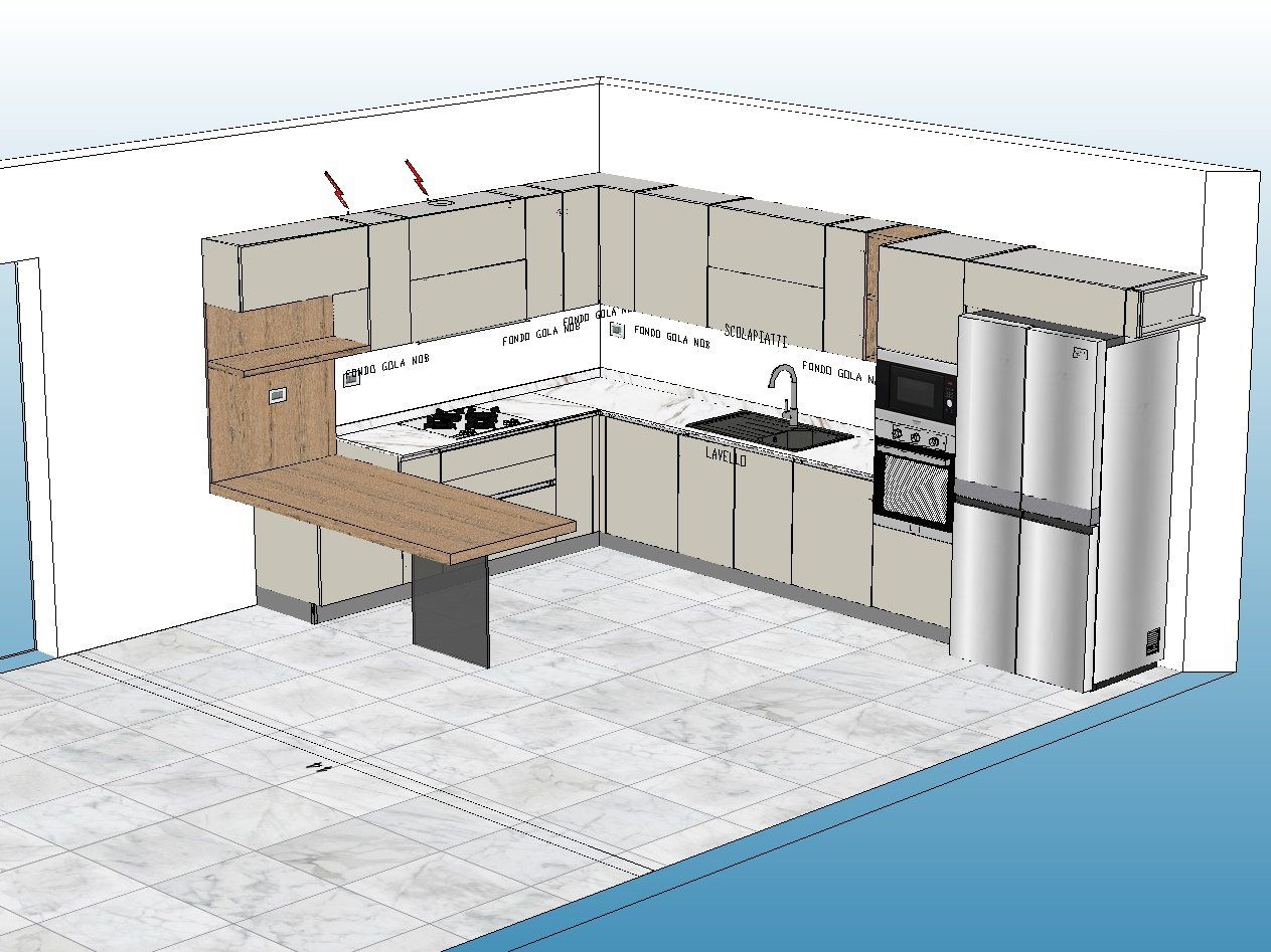 Cucina a L con mobili dai colori chiari, piano di lavoro in legno ed elettrodomestici da incasso.