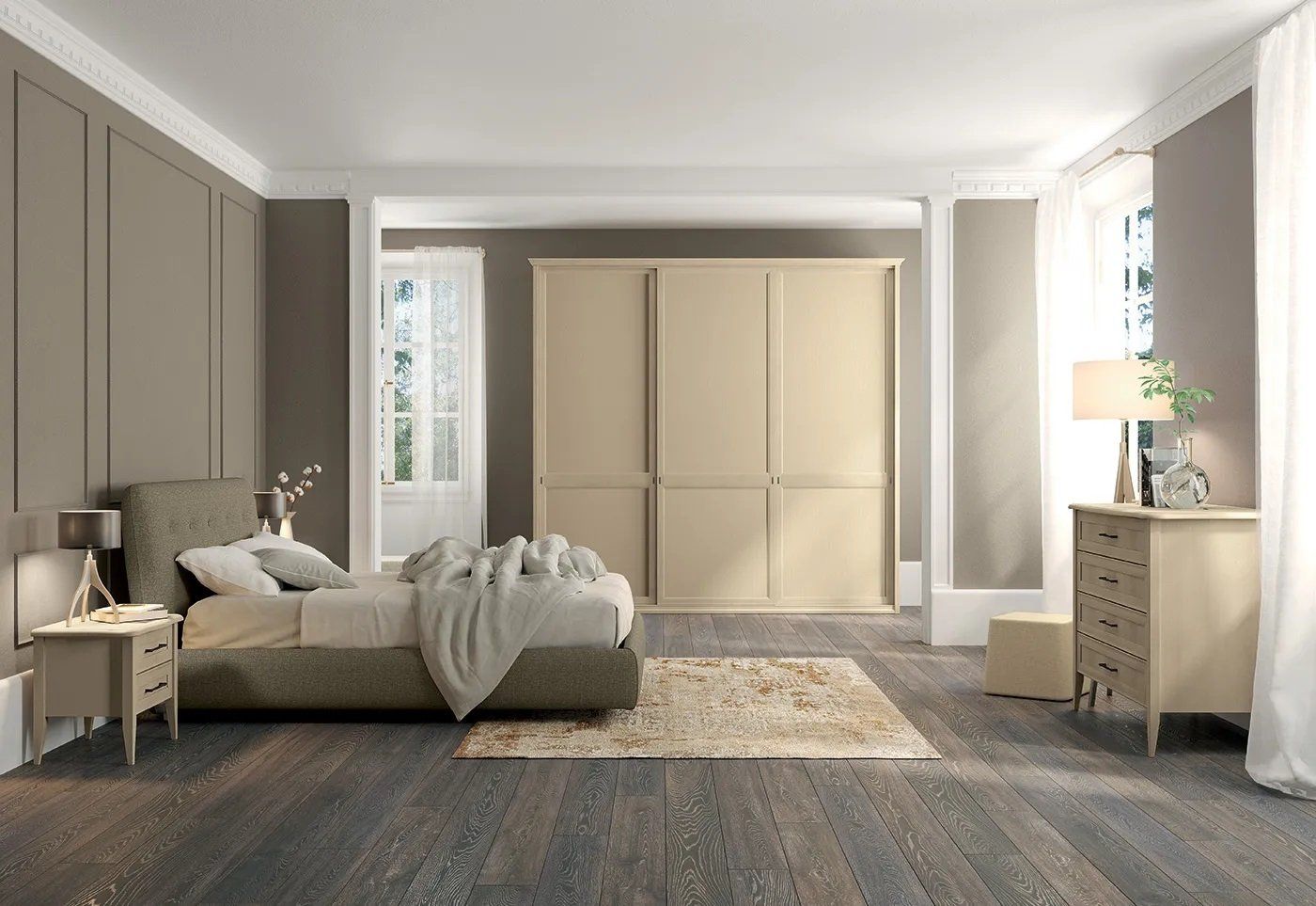 Camera da letto con letto, armadio e comodino color beige. Pareti grigie e pavimento in legno. Finestra con tende bianche.