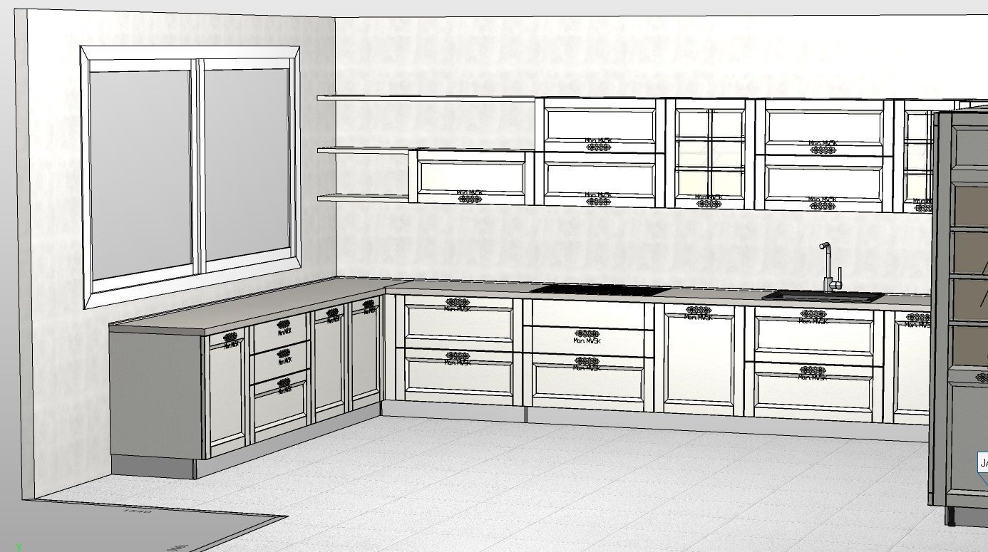 Rendering della cucina con mobili, piani di lavoro, una finestra e un lavandino.