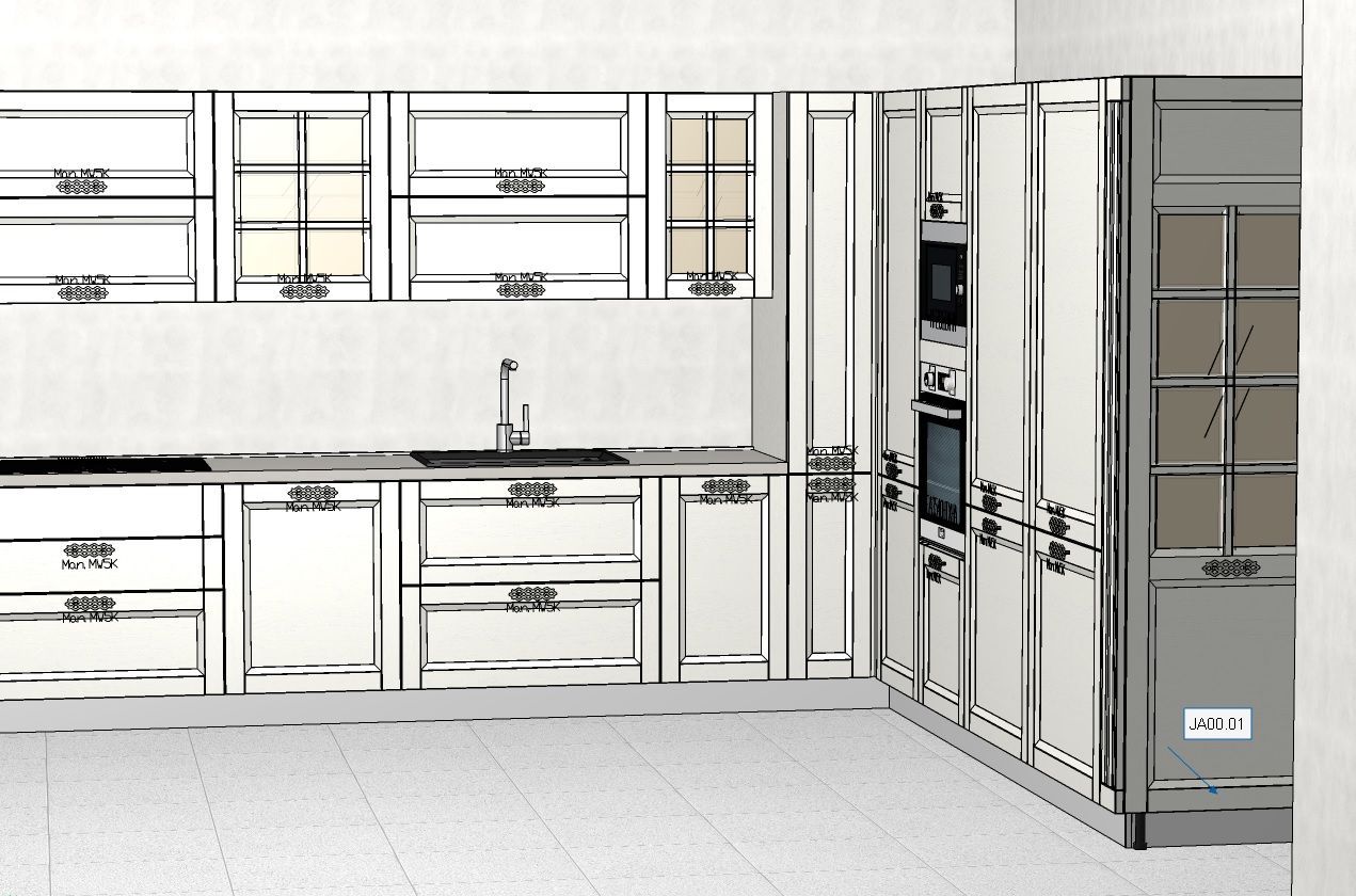 Schizzo di design degli interni della cucina; mobili, elettrodomestici e piani di lavoro in stile moderno.