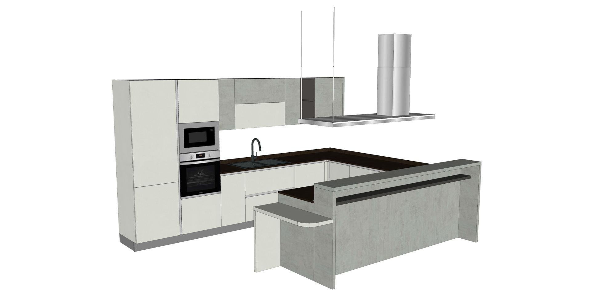 Cucina moderna con mobili bianchi e grigi, isola e cappa aspirante.