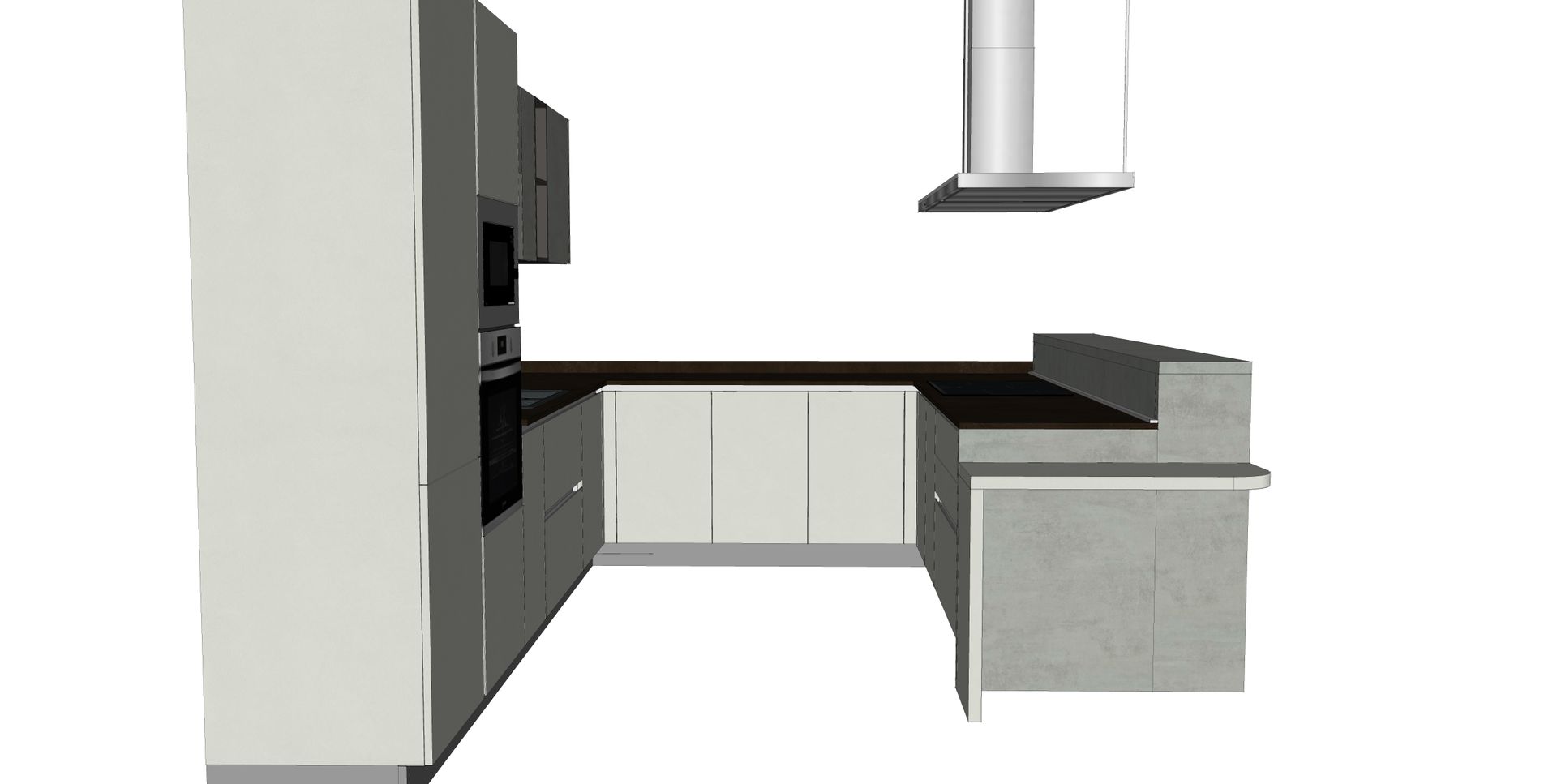 Una cucina moderna con mobili grigi, ripiani neri e una cappa bianca.