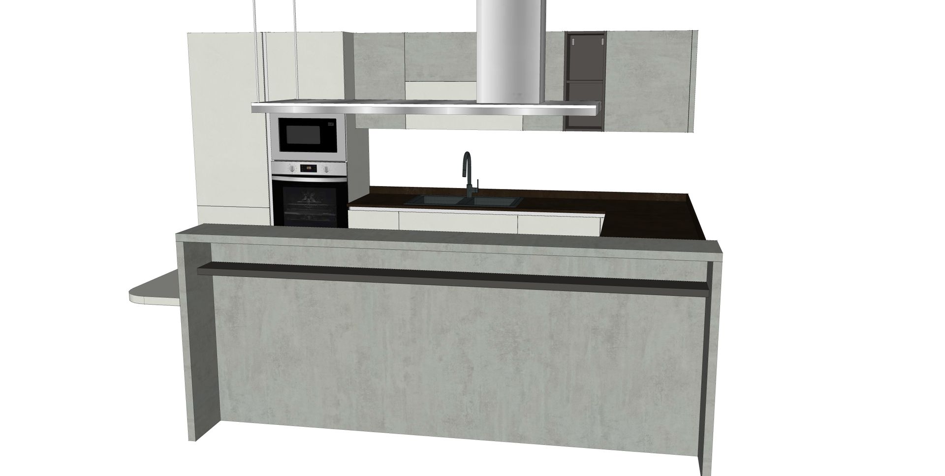 Cucina con mobili grigio chiaro, ripiani neri ed elettrodomestici da incasso.