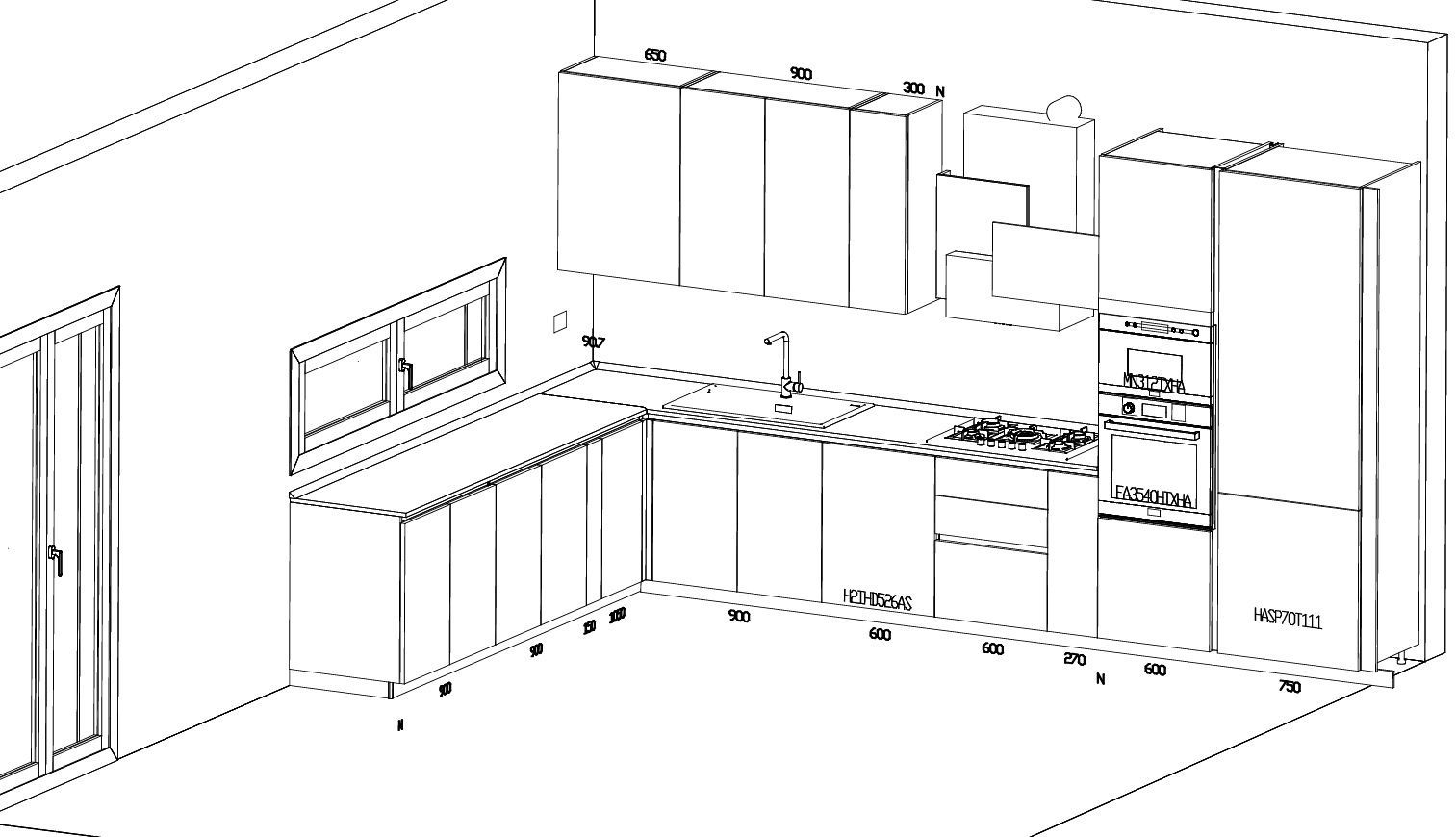 Disegno a tratteggio di una cucina con mobili, ripiani, elettrodomestici e una finestra.