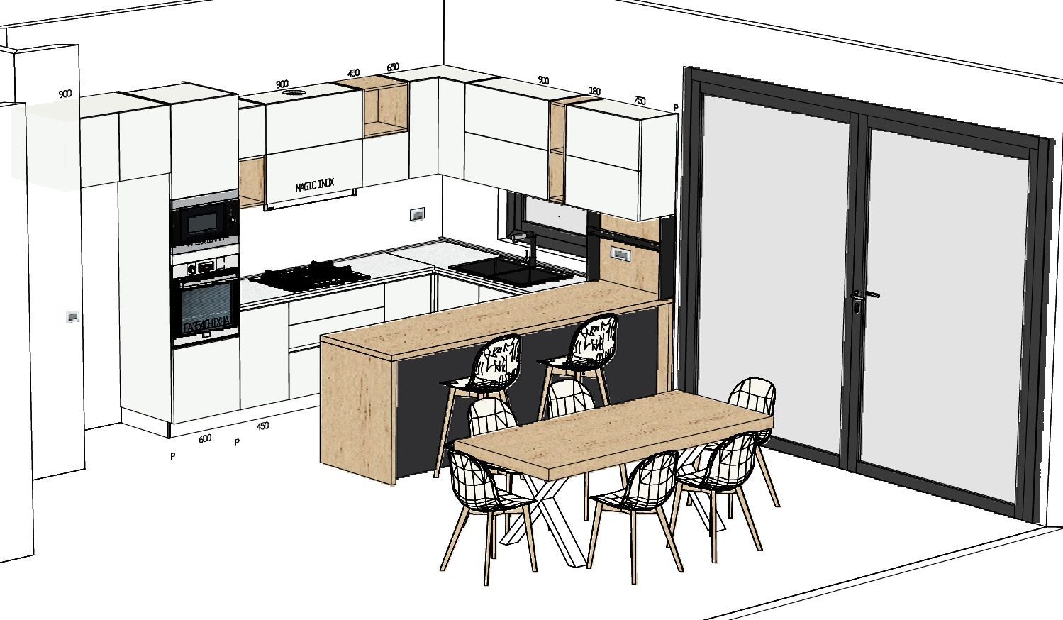 Rendering della cucina con mobili bianchi, dettagli in legno, isola con posti a sedere, tavolo da pranzo e ampia finestra.