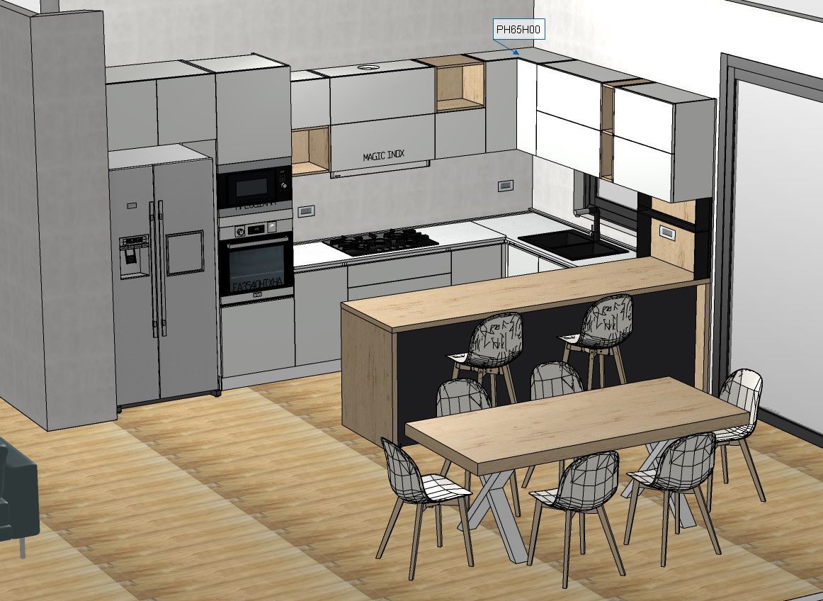 Cucina moderna con mobili grigio chiaro, isola con sgabelli e tavolo da pranzo con sedie.
