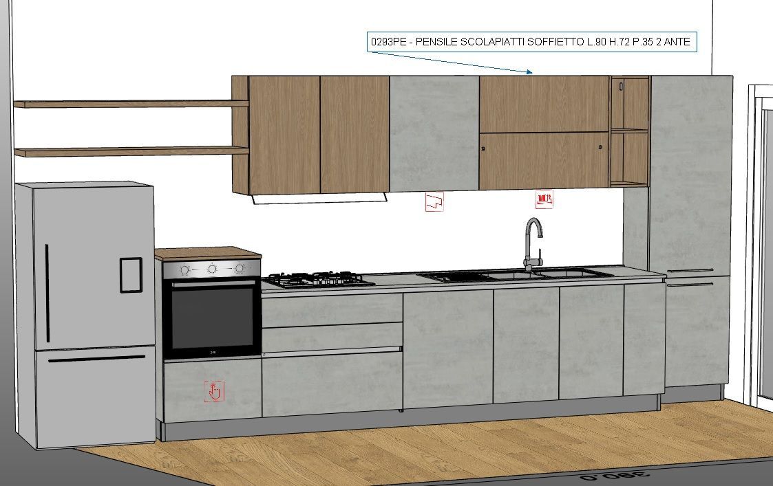 Rendering della cucina con mobili, elettrodomestici e ripiani grigi e in legno.