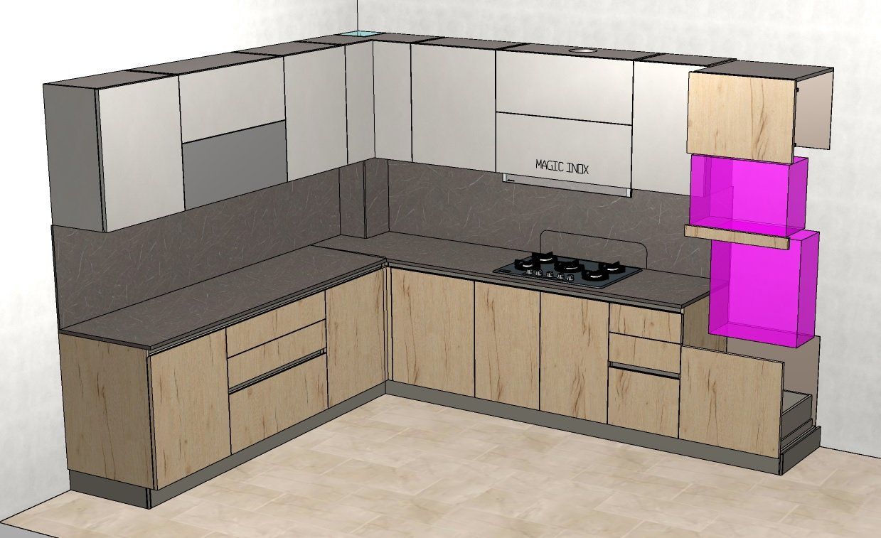 Rendering di una cucina a L con mobili in legno chiaro, ripiani grigi e piano cottura. Blocchi rosa mettono in risalto i pensili.