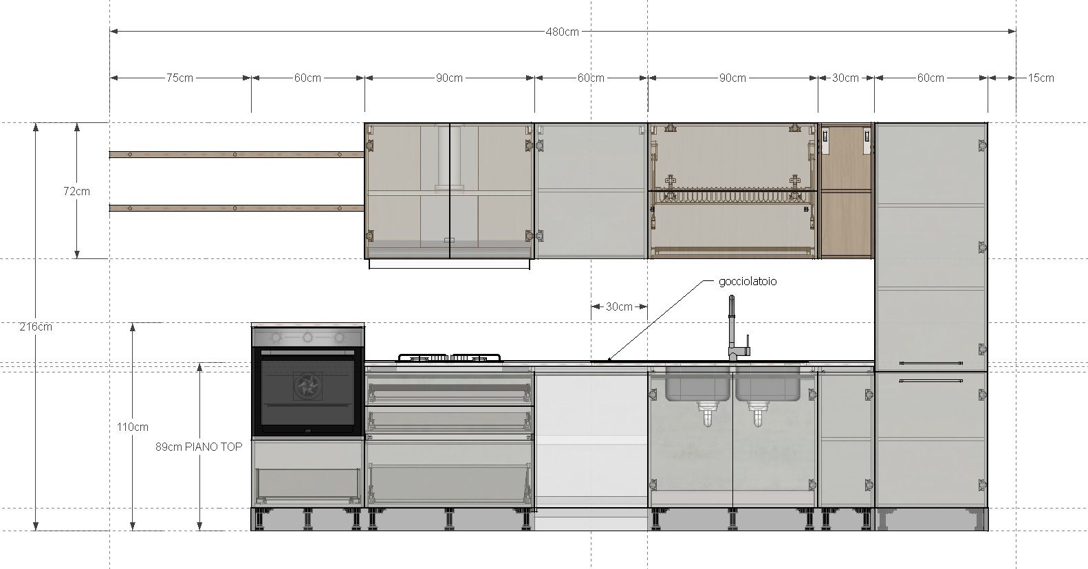 Vista architettonica di un progetto di cucina moderna, che mostra elettrodomestici integrati, mobili e un lavello.