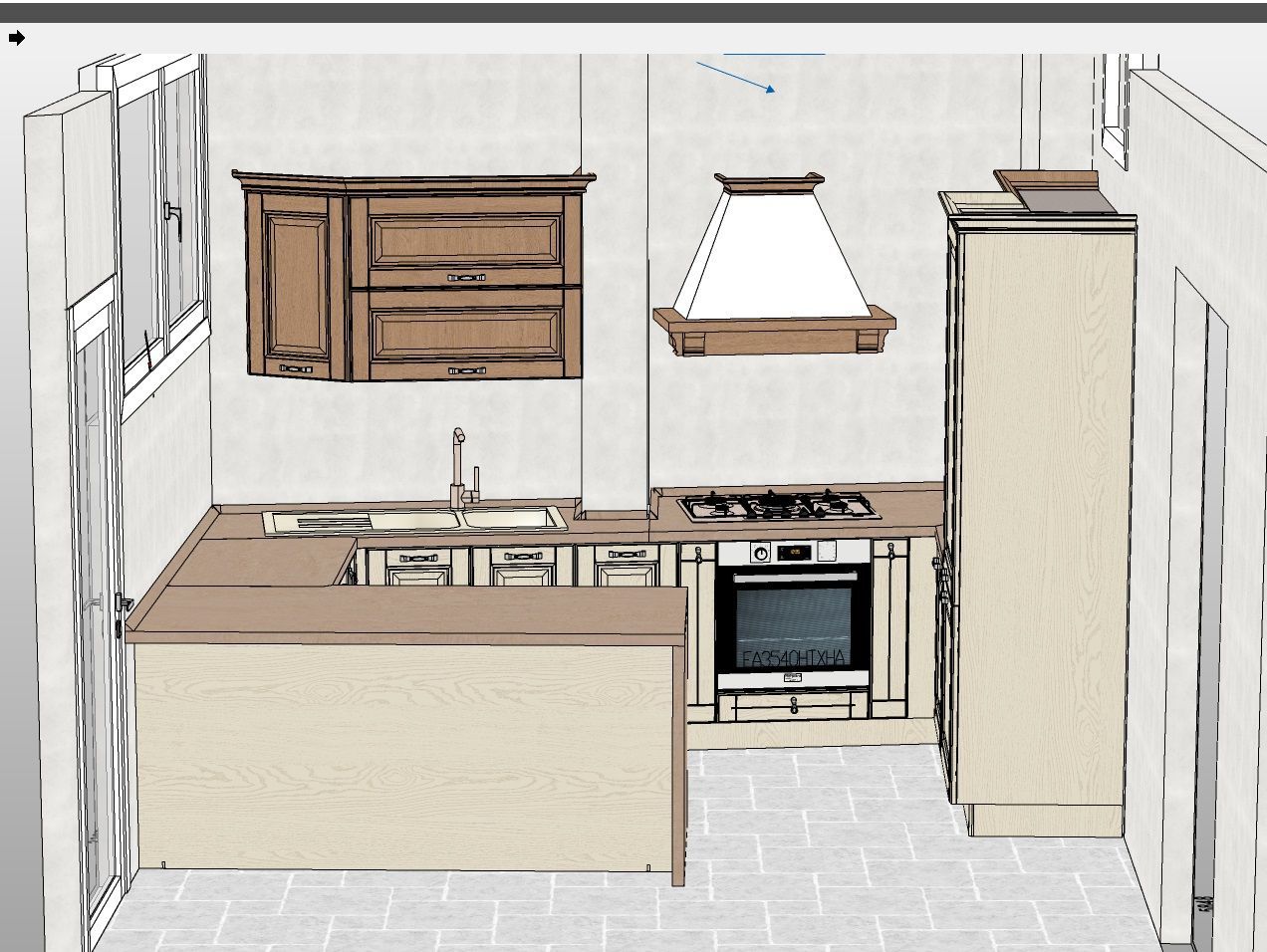 Rendering del progetto della cucina, con mobili in legno chiaro, forno e cappa aspirante.