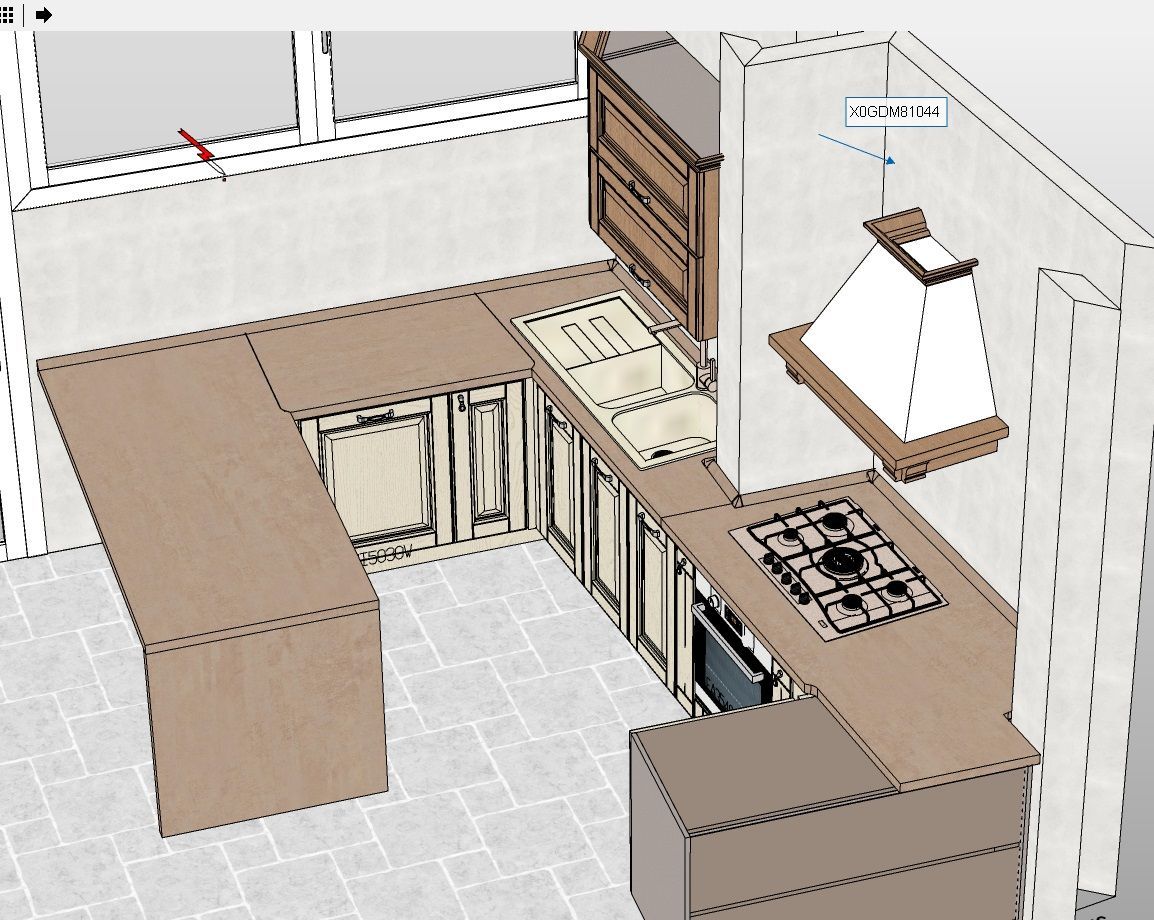 Rendering 3D di una cucina a L con mobili, elettrodomestici e cappa aspirante.