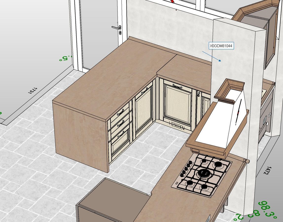 Rendering 3D di una piccola cucina con bancone a L, fornelli e mobili; colori neutri.