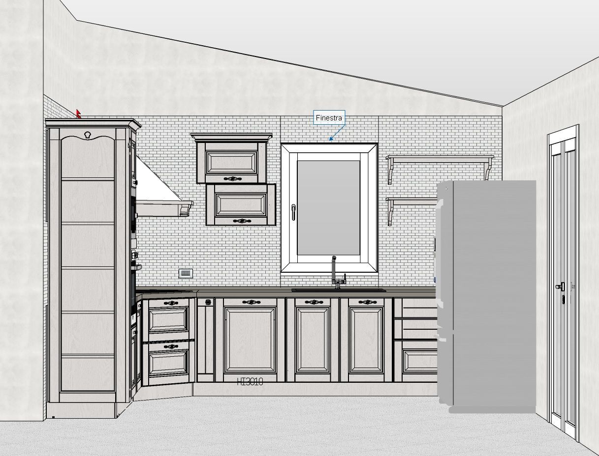 Schizzo di progettazione della cucina: mobili, lavello, frigorifero, finestra e mensole a parete.
