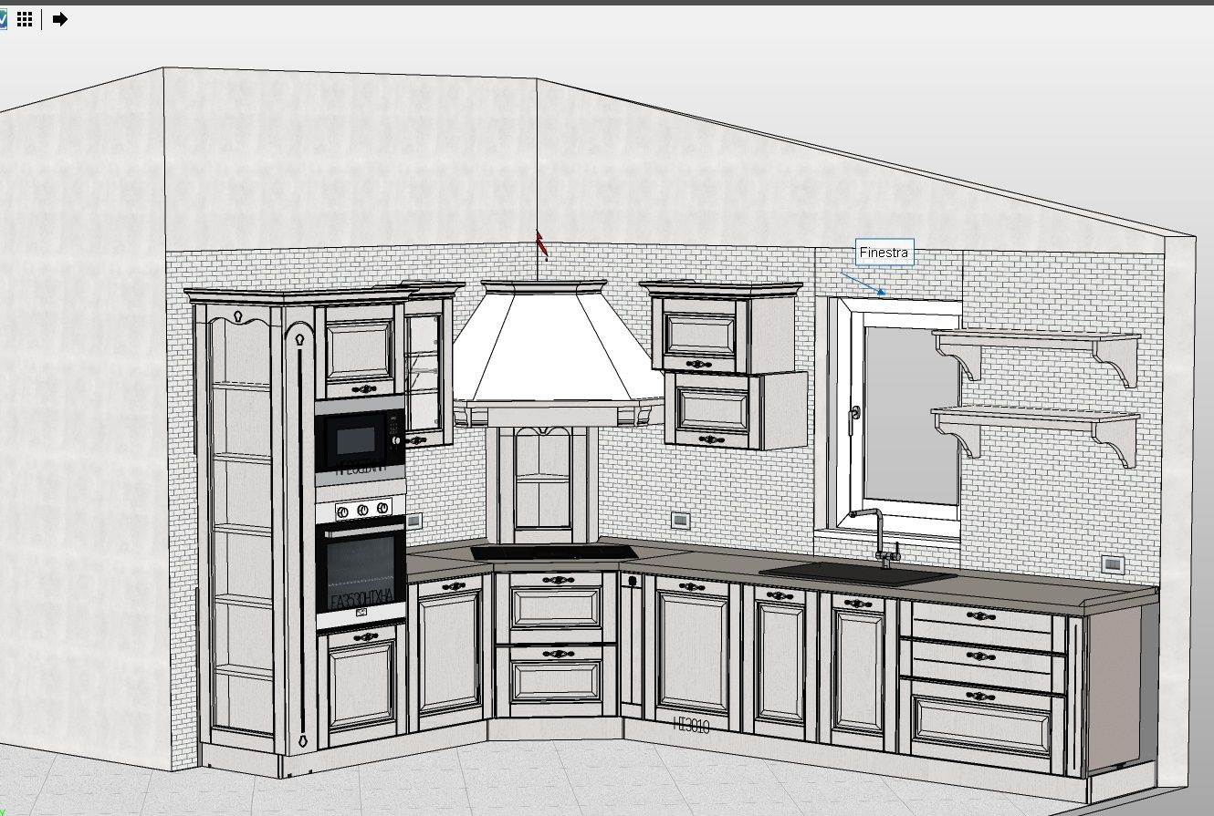 Rendering 3D di una cucina con mobili, forno e cappa aspirante; le linee tratteggiate definiscono lo spazio.