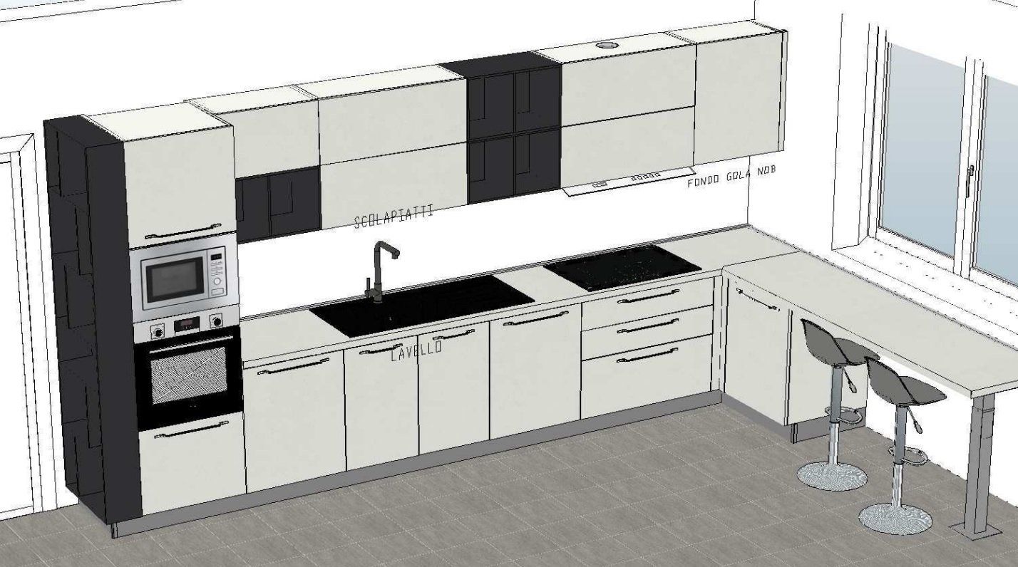 Cucina moderna con mobili bianchi e neri, forno, fornelli, lavello e bancone per la colazione con sgabelli.