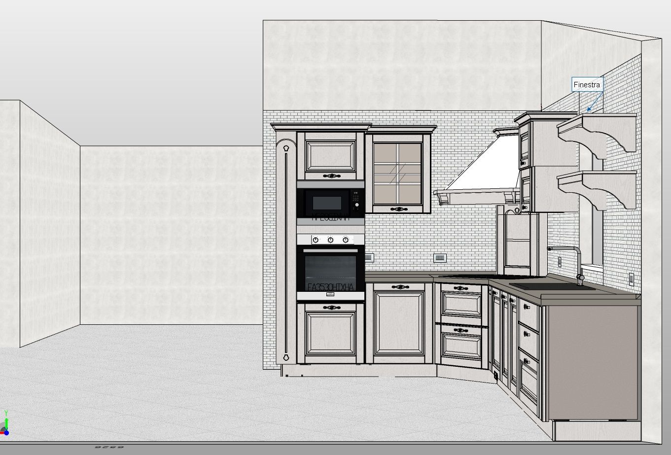Rendering 3D della cucina con mobili, elettrodomestici, cappa e paraschizzi piastrellato.