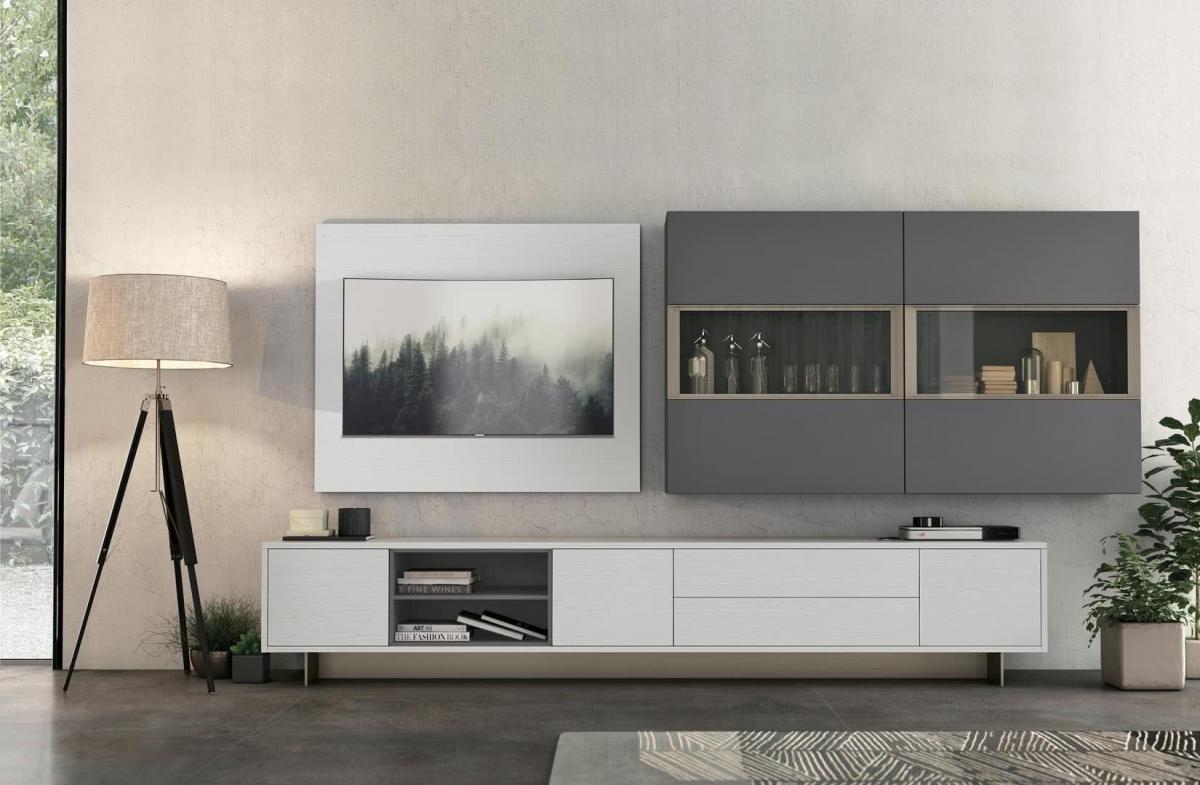 Soggiorno moderno con mobile contenitore e mobiletto per l'intrattenimento a parete bianco e grigio; opere d'arte, lampada da terra e pianta.