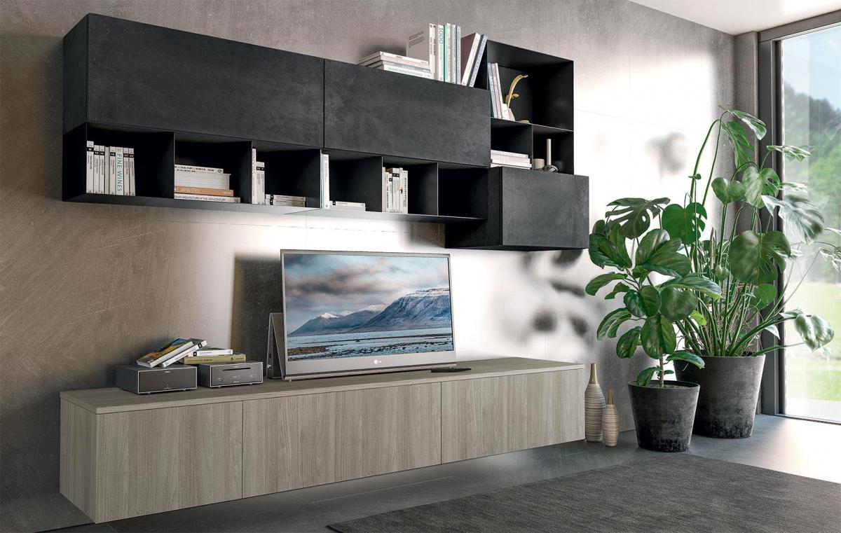 Soggiorno moderno con consolle multimediale sospesa e spazio di archiviazione a parete, TV e piante in vaso.